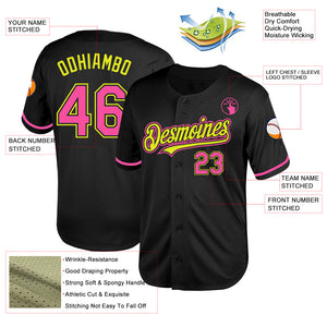 Custom Black Pink-Neon Yellow Mesh Authentic Throwback Baseball Jersey