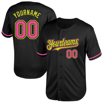 Custom Black Pink-Neon Yellow Mesh Authentic Throwback Baseball Jersey
