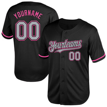 Custom Black Gray-Pink Mesh Authentic Throwback Baseball Jersey