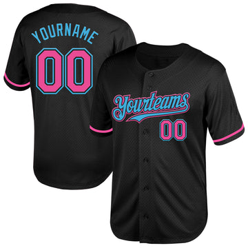 Custom Black Pink-Sky Blue Mesh Authentic Throwback Baseball Jersey