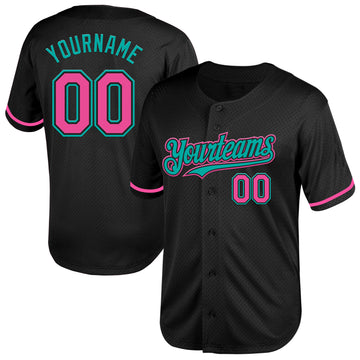 Custom Black Pink-Aqua Mesh Authentic Throwback Baseball Jersey