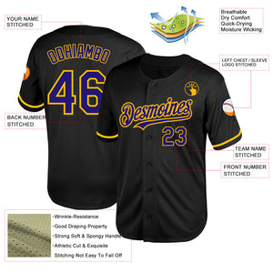 Custom Black Purple-Gold Mesh Authentic Throwback Baseball Jersey
