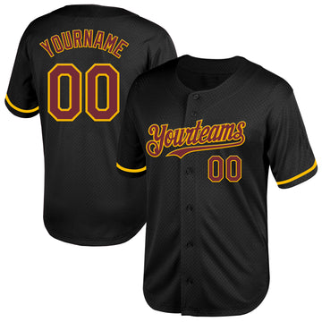 Custom Black Burgundy-Gold Mesh Authentic Throwback Baseball Jersey