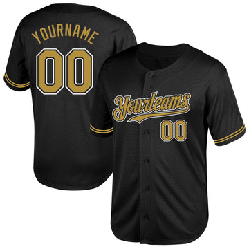 Custom Black Old Gold-White Mesh Authentic Throwback Baseball Jersey