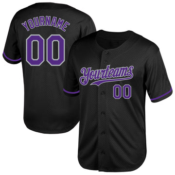 Custom Black Purple-Gray Mesh Authentic Throwback Baseball Jersey