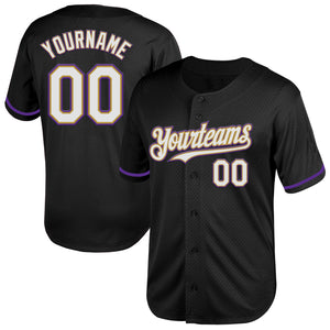 Custom Black White Old Gold-Purple Mesh Authentic Throwback Baseball Jersey