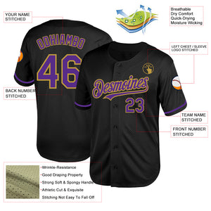 Custom Black Purple-Old Gold Mesh Authentic Throwback Baseball Jersey