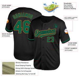 Custom Black Kelly Green-Old Gold Mesh Authentic Throwback Baseball Jersey