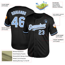 Laden Sie das Bild in den Galerie-Viewer, Custom Black Light Blue-White Mesh Authentic Throwback Baseball Jersey
