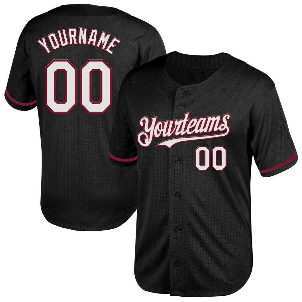 Custom Black White-Crimson Mesh Authentic Throwback Baseball Jersey