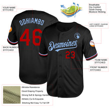 Load image into Gallery viewer, Custom Black Red-Light Blue Mesh Authentic Throwback Baseball Jersey

