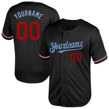 Load image into Gallery viewer, Custom Black Red-Light Blue Mesh Authentic Throwback Baseball Jersey
