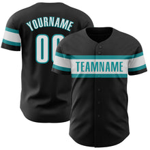 Laden Sie das Bild in den Galerie-Viewer, Custom Black White-Teal Authentic Baseball Jersey

