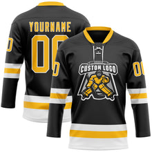 Charger l&#39;image dans la galerie, Custom Black Gold-White Hockey Lace Neck Jersey

