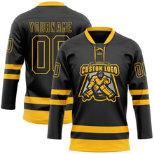 Laden Sie das Bild in den Galerie-Viewer, Custom Black Gold Hockey Lace Neck Jersey
