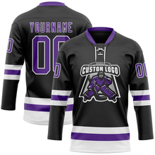 Laden Sie das Bild in den Galerie-Viewer, Custom Black Purple-White Hockey Lace Neck Jersey
