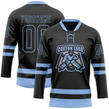 Laden Sie das Bild in den Galerie-Viewer, Custom Black Light Blue Hockey Lace Neck Jersey
