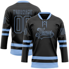 Laden Sie das Bild in den Galerie-Viewer, Custom Black Light Blue Hockey Lace Neck Jersey
