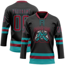 Laden Sie das Bild in den Galerie-Viewer, Custom Black Crimson-Teal Hockey Lace Neck Jersey
