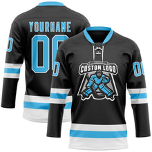 Laden Sie das Bild in den Galerie-Viewer, Custom Black Sky Blue-White Hockey Lace Neck Jersey
