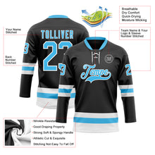 Laden Sie das Bild in den Galerie-Viewer, Custom Black Sky Blue-White Hockey Lace Neck Jersey
