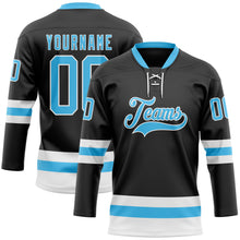 Laden Sie das Bild in den Galerie-Viewer, Custom Black Sky Blue-White Hockey Lace Neck Jersey
