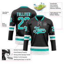 Laden Sie das Bild in den Galerie-Viewer, Custom Black Aqua-White Hockey Lace Neck Jersey

