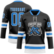 Laden Sie das Bild in den Galerie-Viewer, Custom Black Powder Blue-White Hockey Lace Neck Jersey

