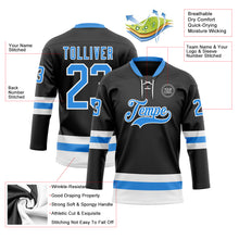 Laden Sie das Bild in den Galerie-Viewer, Custom Black Powder Blue-White Hockey Lace Neck Jersey
