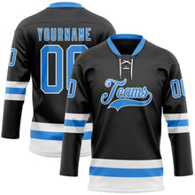Laden Sie das Bild in den Galerie-Viewer, Custom Black Powder Blue-White Hockey Lace Neck Jersey

