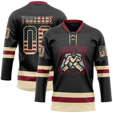 Laden Sie das Bild in den Galerie-Viewer, Custom Black Vintage USA Flag Cream-Crimson Hockey Lace Neck Jersey
