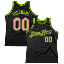 Load image into Gallery viewer, Custom Black Medium Pink-Neon Green Authentic Throwback Basketball Jersey

