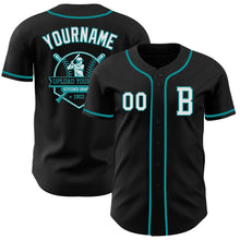 Laden Sie das Bild in den Galerie-Viewer, Custom Black White-Teal Authentic Baseball Jersey
