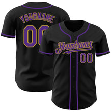 Load image into Gallery viewer, Custom Black Purple-Old Gold Authentic Baseball Jersey
