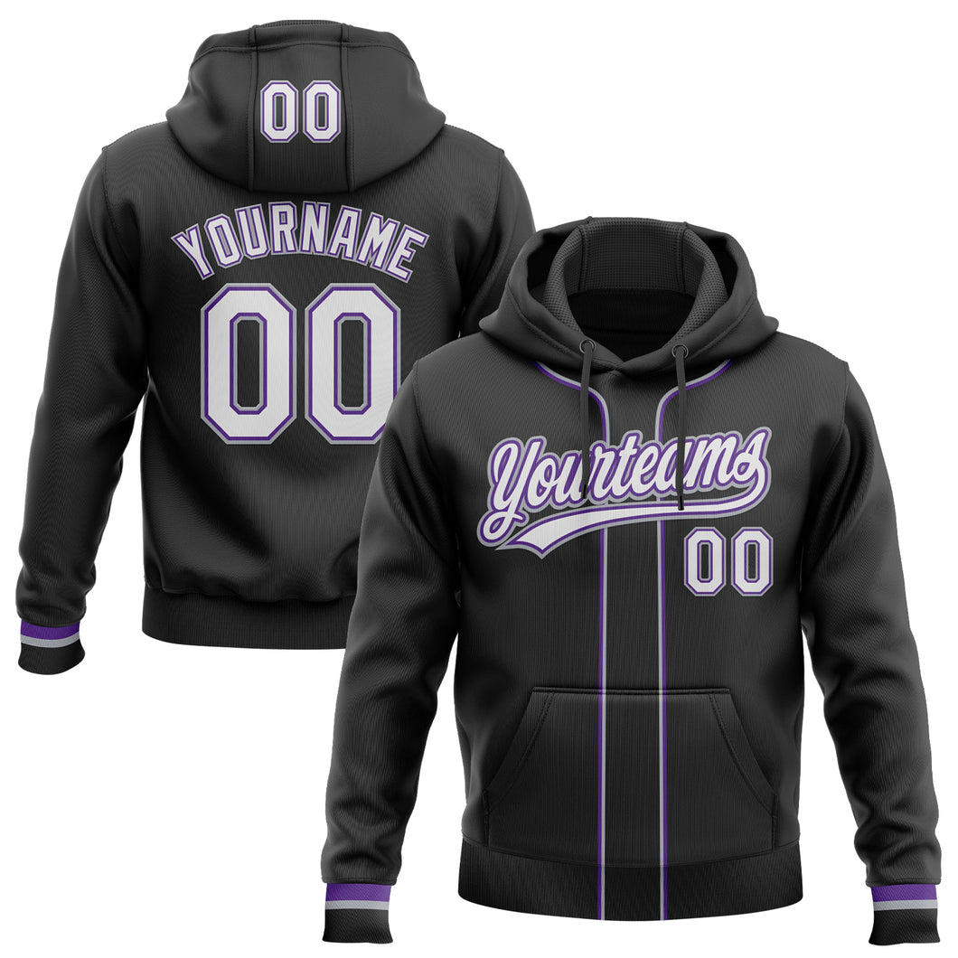 Custom Stitched Black White Purple-Gray Baseball Pullover Sweatshirt Hoodie