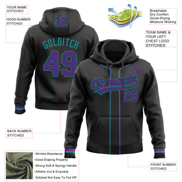 Custom Stitched Black Purple-Teal Baseball Pullover Sweatshirt Hoodie