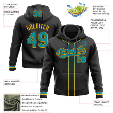 Custom Stitched Black Teal-Yellow Baseball Pullover Sweatshirt Hoodie