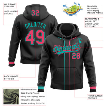 Custom Stitched Black Neon Pink-Aqua Baseball Pullover Sweatshirt Hoodie