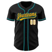 Load image into Gallery viewer, Custom Black Gold Teal-White Authentic Baseball Jersey
