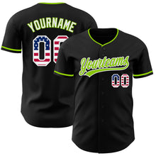Laden Sie das Bild in den Galerie-Viewer, Custom Black USA Flag Neon Green-White Authentic Baseball Jersey
