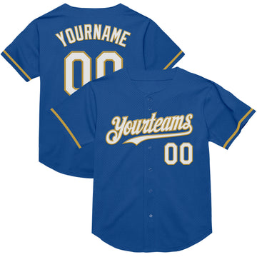 Custom Blue White-Old Gold Mesh Authentic Throwback Baseball Jersey