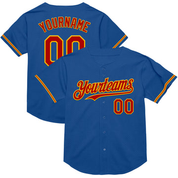 Custom Blue Red-Gold Mesh Authentic Throwback Baseball Jersey