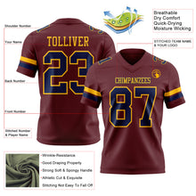 Laden Sie das Bild in den Galerie-Viewer, Custom Burgundy Navy-Gold Mesh Authentic Football Jersey
