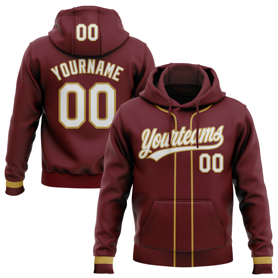 Custom Stitched Burgundy White-Old Gold Baseball Pullover Sweatshirt Hoodie