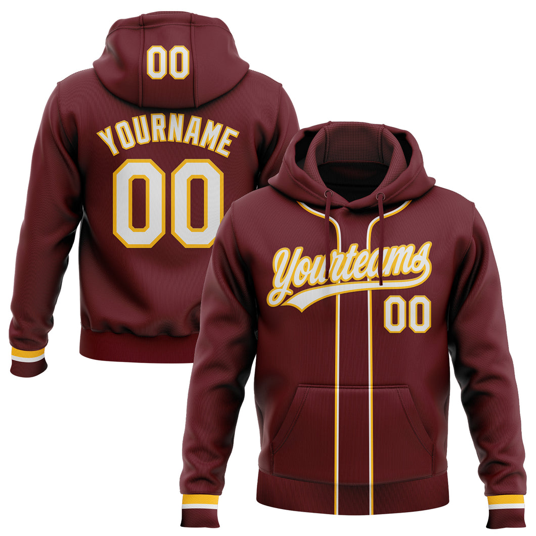 Custom Stitched Burgundy White-Gold Baseball Pullover Sweatshirt Hoodie