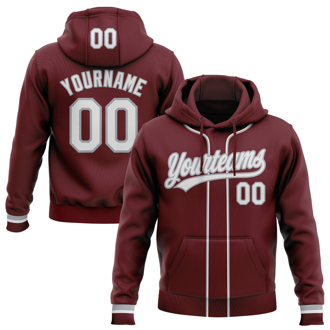 Custom Stitched Burgundy White-Gray Baseball Pullover Sweatshirt Hoodie