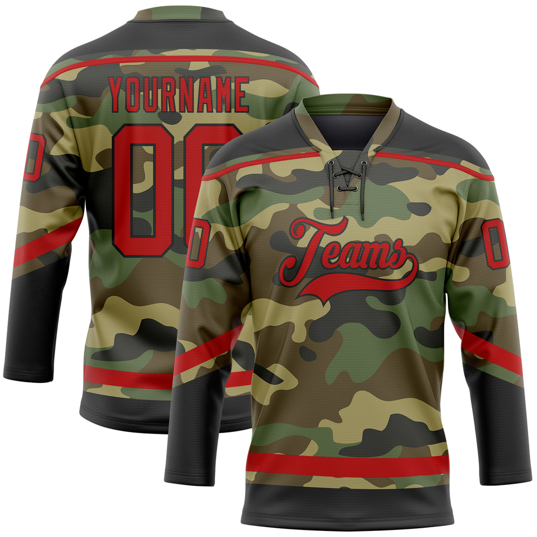 Custom Camo Red-Black Salute To Service Hockey Lace Neck Jersey