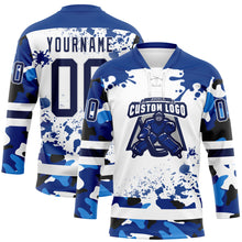 Загрузить изображение в средство просмотра галереи, Custom Camo Navy Royal-White Splash Hockey Lace Neck Jersey

