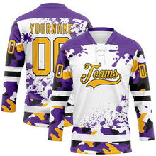 Загрузить изображение в средство просмотра галереи, Custom Camo Gold Purple Black-White Splash Hockey Lace Neck Jersey
