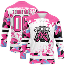 Laden Sie das Bild in den Galerie-Viewer, Custom Camo Pink Black-White Splash Hockey Lace Neck Jersey
